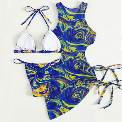 Swirl Print Triangle Brazilian Three Piece Swimsuit - On sale