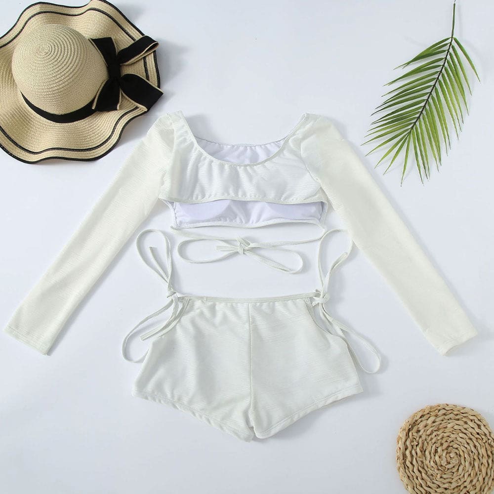 Textured Boyshort Long Sleeve Cutout Bikini Swimsuit - On sale