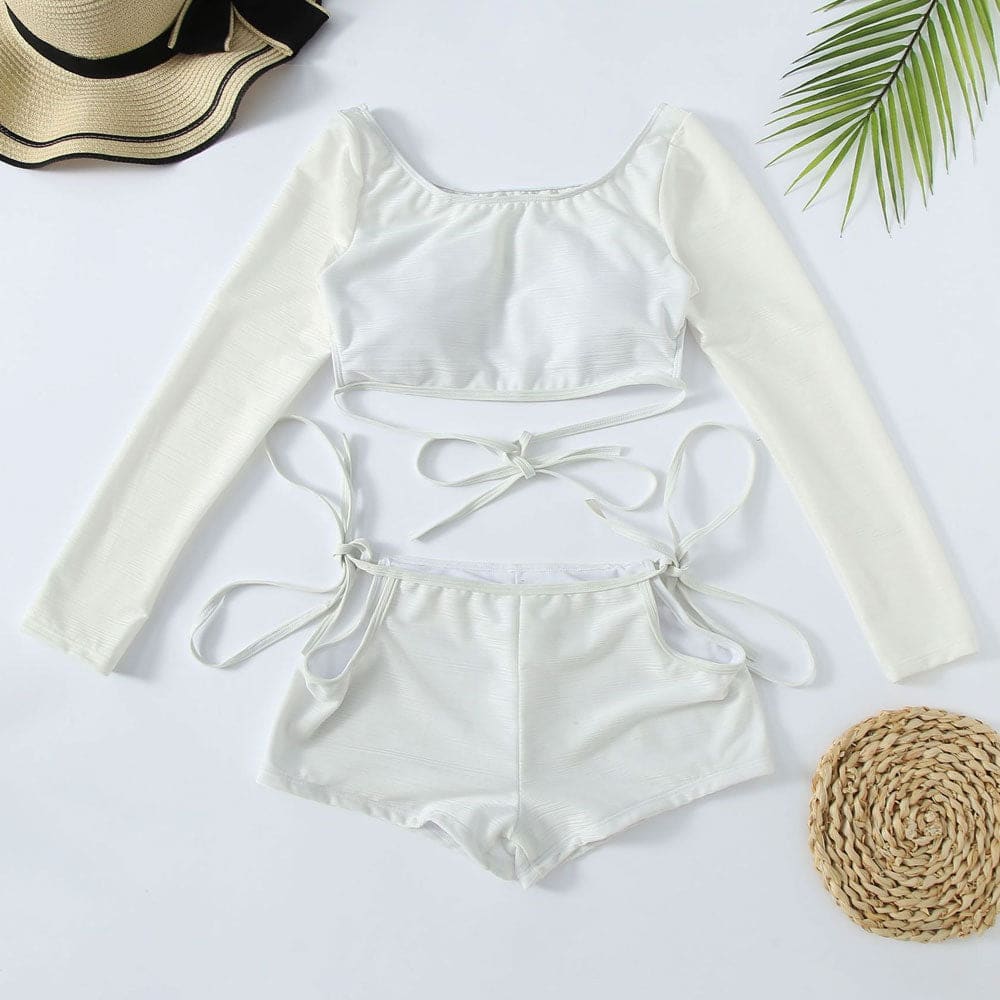 Textured Boyshort Long Sleeve Cutout Bikini Swimsuit - On sale