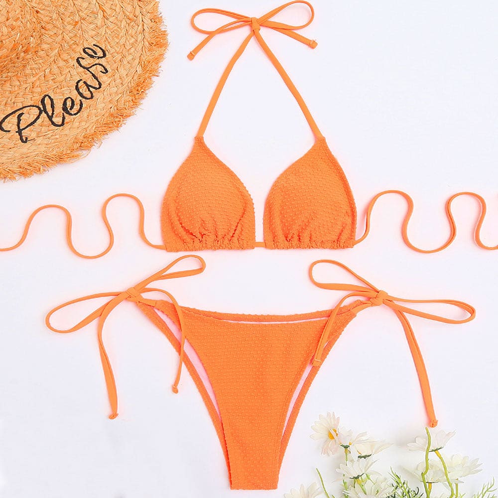 Textured Tie String Triangle Brazilian Bikini Swimsuit - On sale
