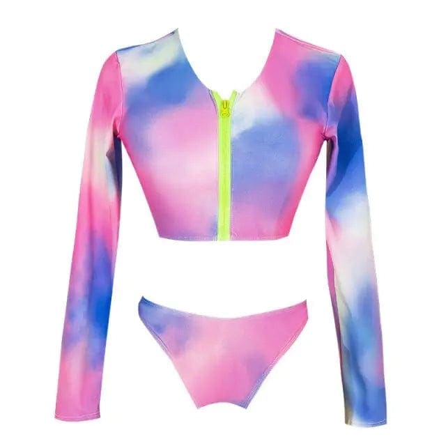 Tie Dye Long SLeeve High Leg Cropped Rash Guard Bikini Swimsuit - On sale