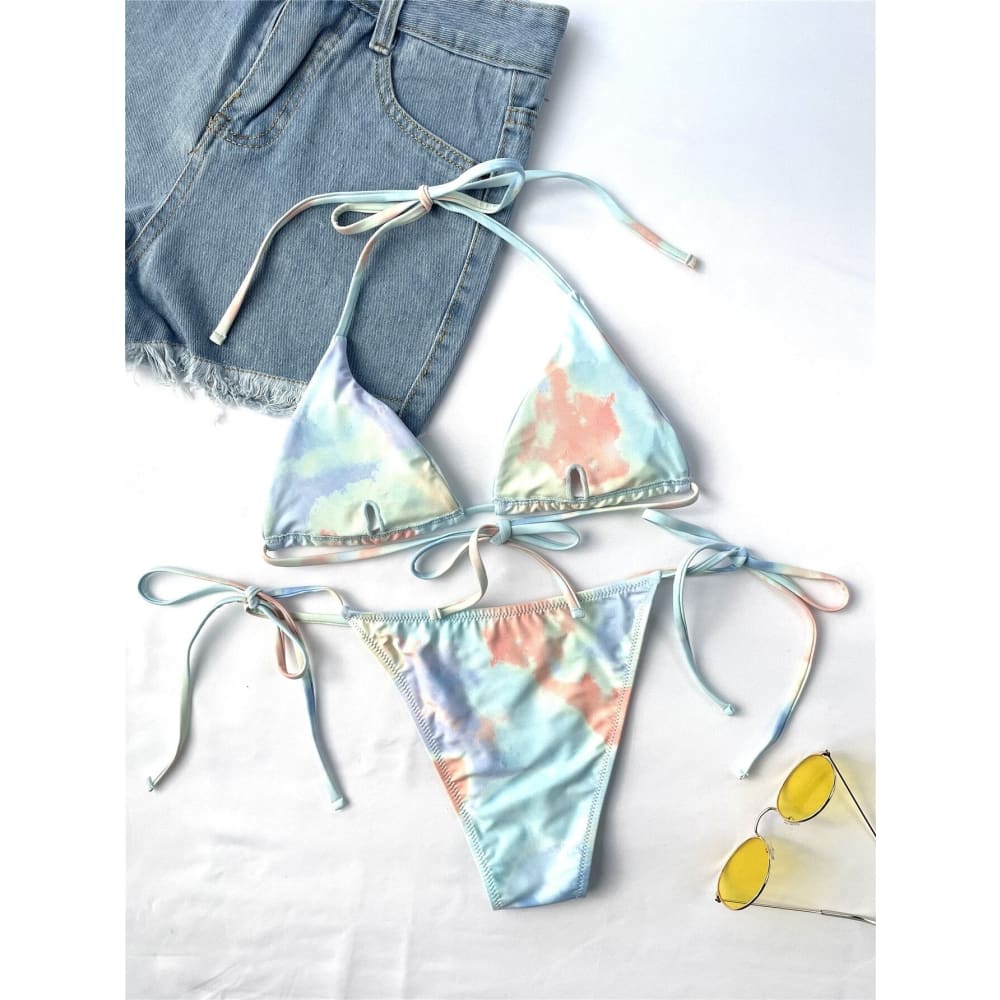 Tie Dye Micro Triangle Halter Side Bikini Swimsuit - On sale