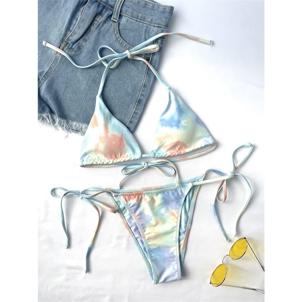 Tie Dye Micro Triangle Halter Side Bikini Swimsuit - On sale