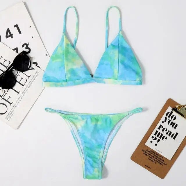 Tie Dye Mini Brazilian Thong Triangle Bikini Swimsuit - green / S On sale