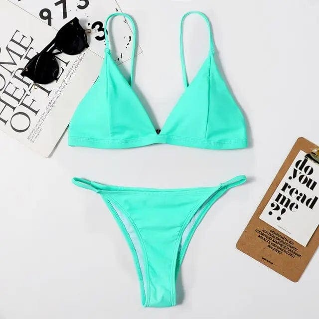 Tie Dye Mini Brazilian Thong Triangle Bikini Swimsuit - Sky Green / S On sale