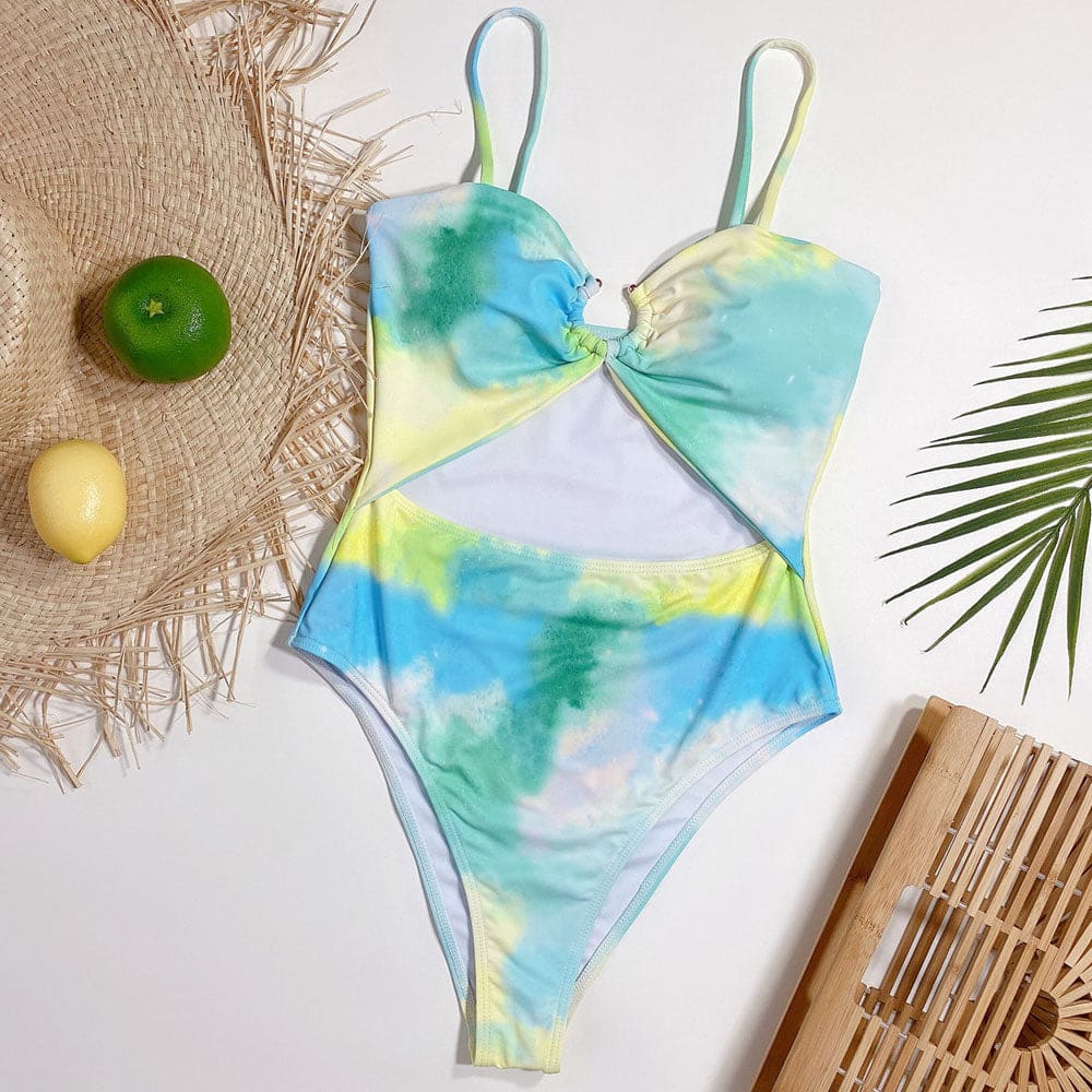 Tie Dye O Ring Cutout Ruched One Piece Swimsuit - On sale