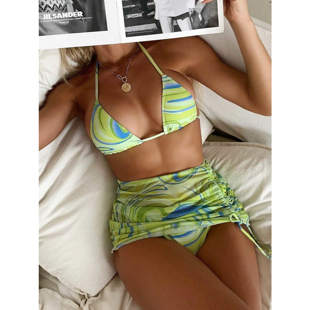Tie Dye String Thong Three Pieces Bikini Sets With Skirt - On sale