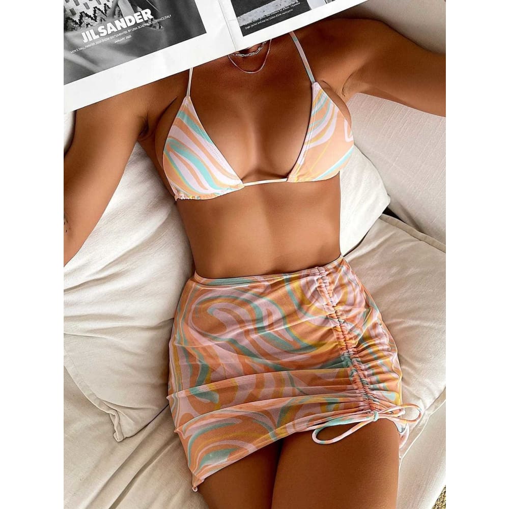 Tie Dye String Thong Three Pieces Bikini Sets With Skirt - On sale