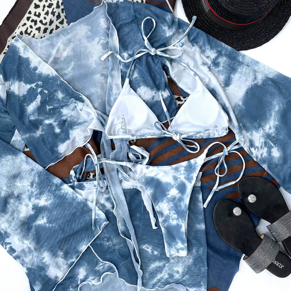 Tie Dye Triangle String Four Piece Bikini Swimsuit - On sale