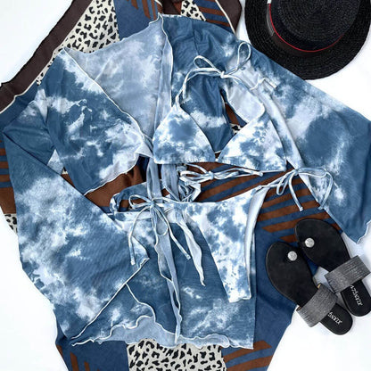 Tie Dye Triangle String Four Piece Bikini Swimsuit - On sale