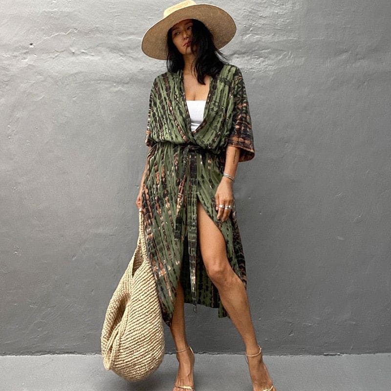 Tie Dye Womens Kimono Dress Beach Cover Ups - army green / One Size On sale