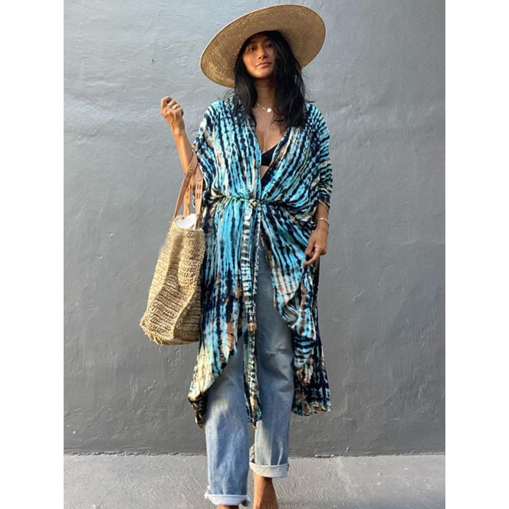 Tie Dye Womens Kimono Dress Beach Cover Ups - blue coffee stripe / One Size On sale