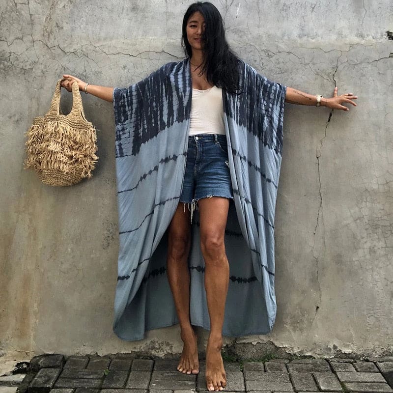 Tie Dye Womens Kimono Dress Beach Cover Ups - gray stripe cover up / One Size On sale