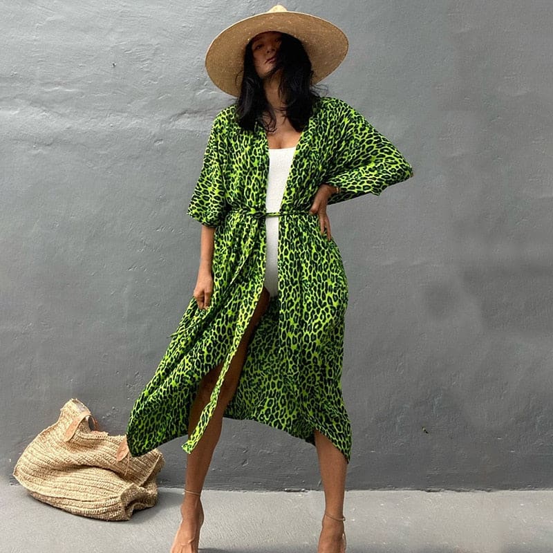 Tie Dye Womens Kimono Dress Beach Cover Ups - green leopard covers / One Size On sale
