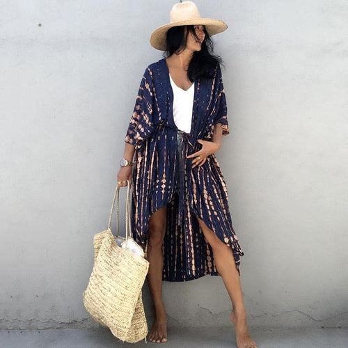 Tie Dye Womens Kimono Dress Beach Cover Ups - navy tie dye kimono / One Size On sale