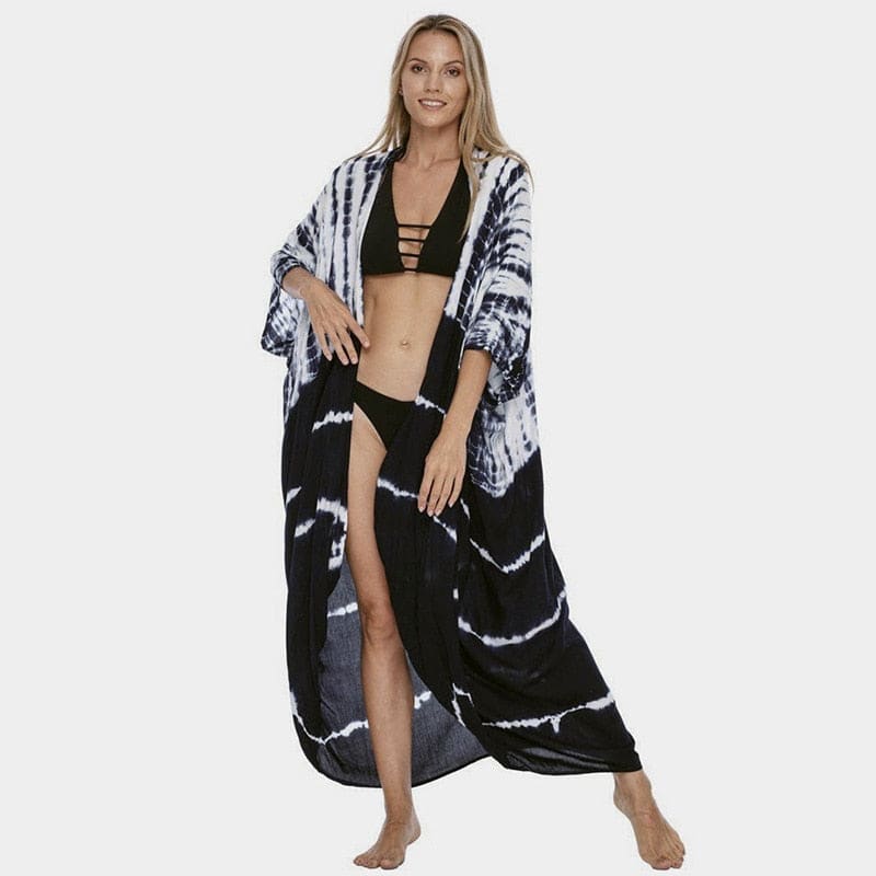 Tie Dye Womens Kimono Dress Beach Cover Ups - navy stripe kimono / One Size On sale