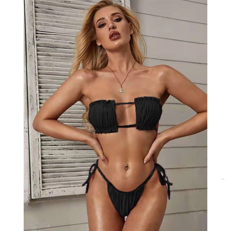 Tie Side Shirred Bandeau Brazilian Thong Bikini Swimsuit - Black / S On sale