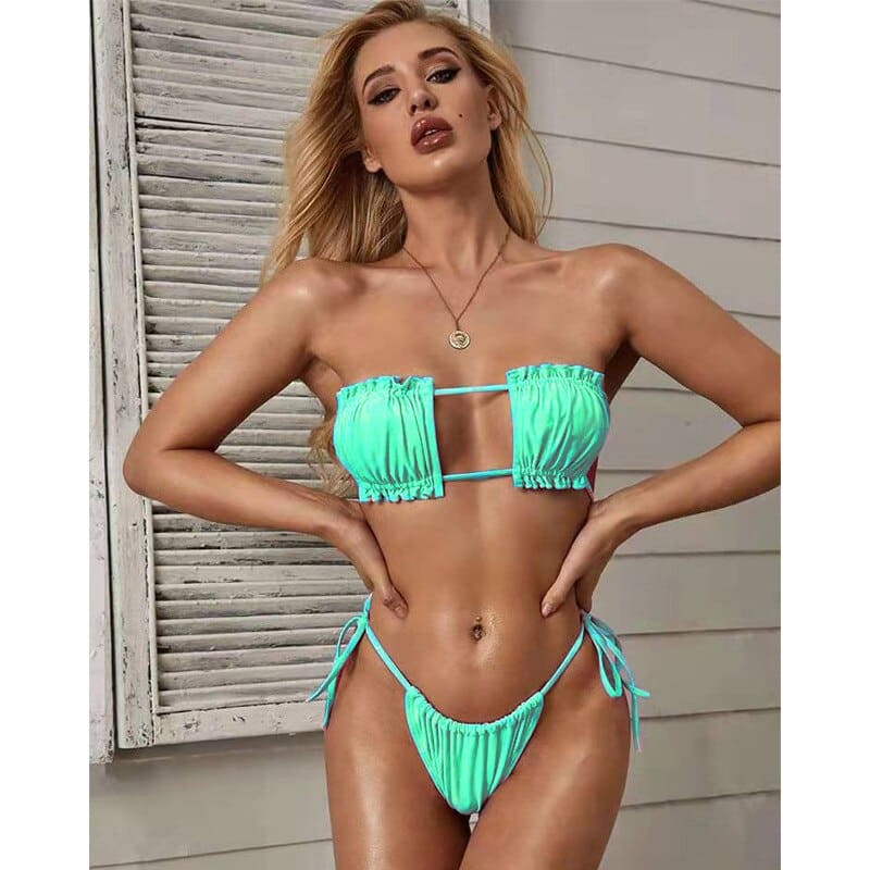 Tie Side Shirred Bandeau Brazilian Thong Bikini Swimsuit - Green / S On sale