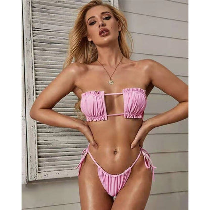 Tie Side Shirred Bandeau Brazilian Thong Bikini Swimsuit - Pink / S On sale