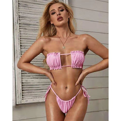 Tie Side Shirred Bandeau Brazilian Thong Bikini Swimsuit - Pink / S On sale
