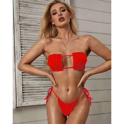 Tie Side Shirred Bandeau Brazilian Thong Bikini Swimsuit - Red / S On sale
