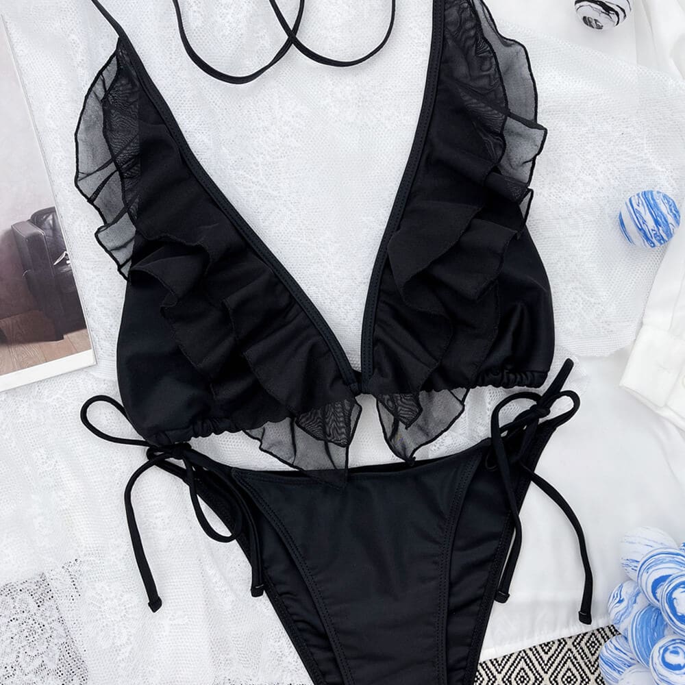 Tie String Ruffle Slide Triangle Brazilian Bikini Swimsuit - On sale