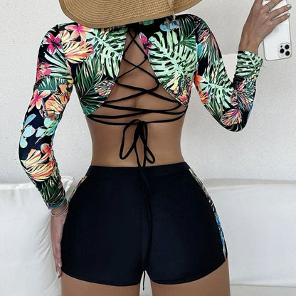 Tropic Boyshort Long Sleeve Lace Up Bikini Swimsuit - Black / S On sale