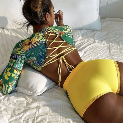 Tropic Boyshort Long Sleeve Lace Up Bikini Swimsuit - Yellow / S On sale