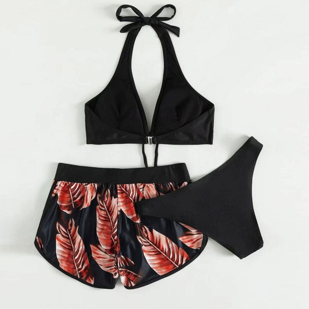 Tropical Boyshort Halter Triangle Three Piece Swimsuit - On sale