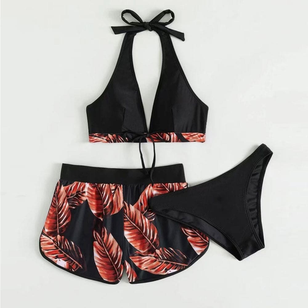 Tropical Boyshort Halter Triangle Three Piece Swimsuit - On sale
