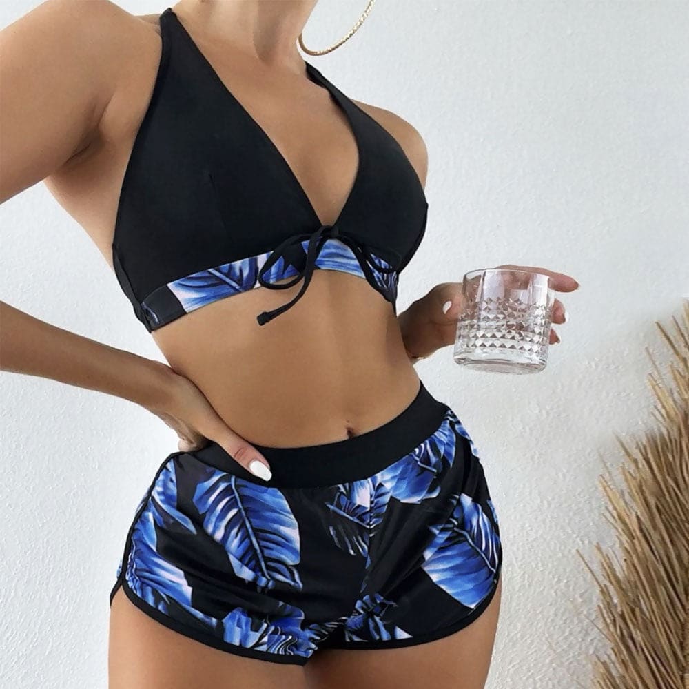 Tropical Boyshort Halter Triangle Three Piece Swimsuit - Blue / S On sale