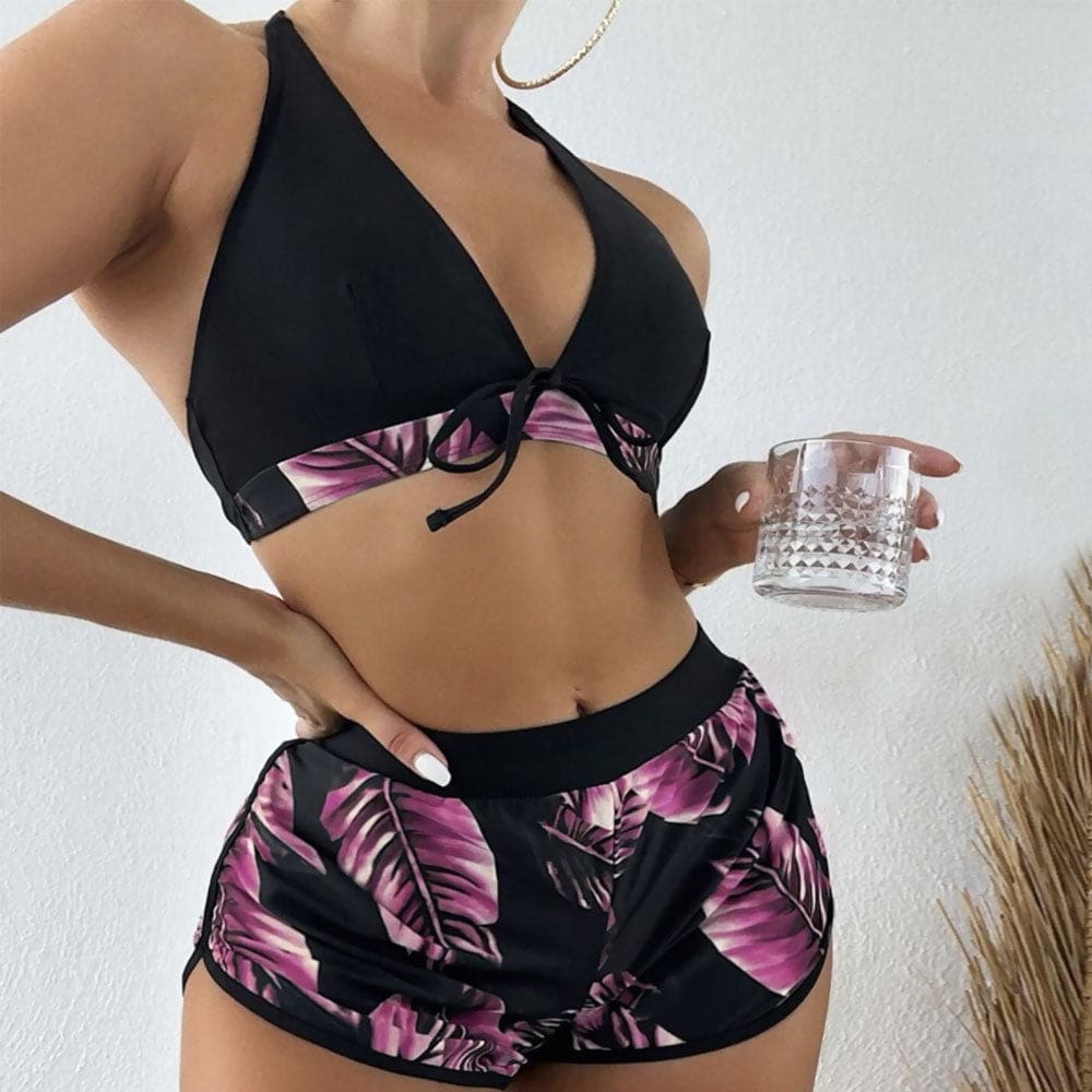 Tropical Boyshort Halter Triangle Three Piece Swimsuit - Hot Pink / S On sale