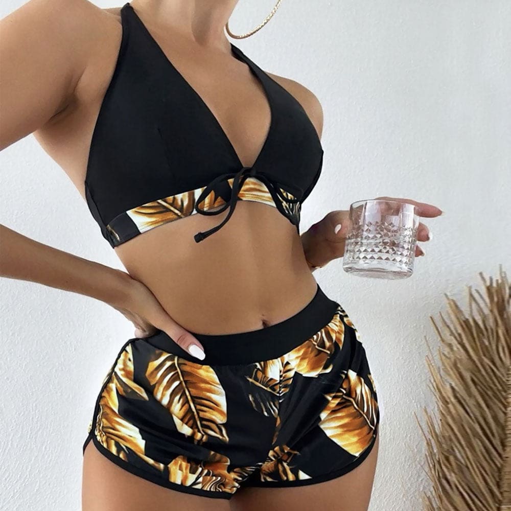 Tropical Boyshort Halter Triangle Three Piece Swimsuit - Yellow / S On sale
