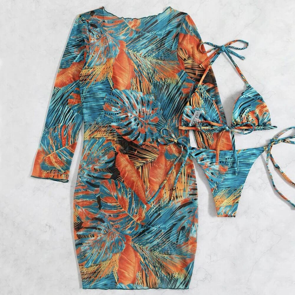 Tropical Drawstring Triangle Three Piece Swimsuit - On sale