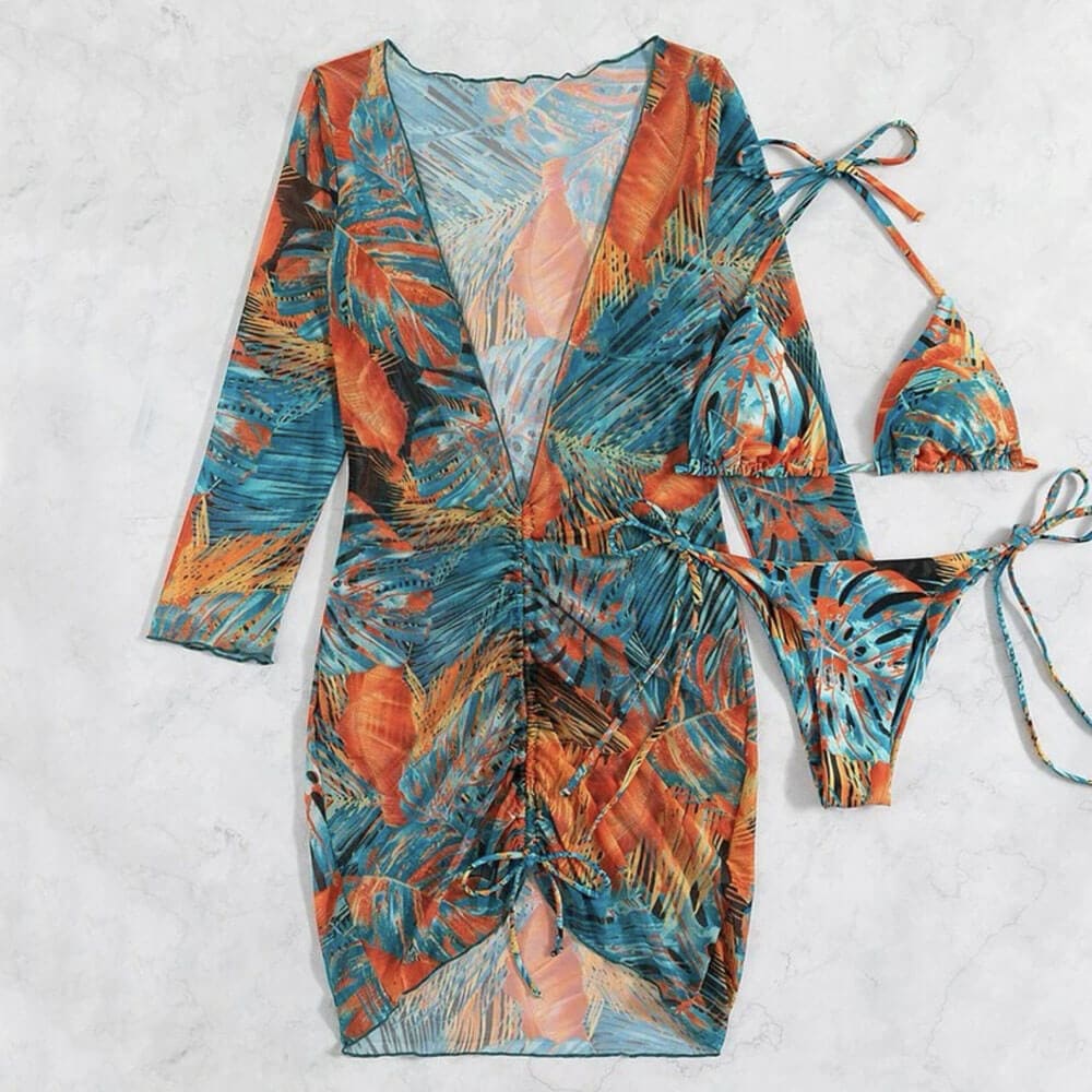 Tropical Drawstring Triangle Three Piece Swimsuit - On sale