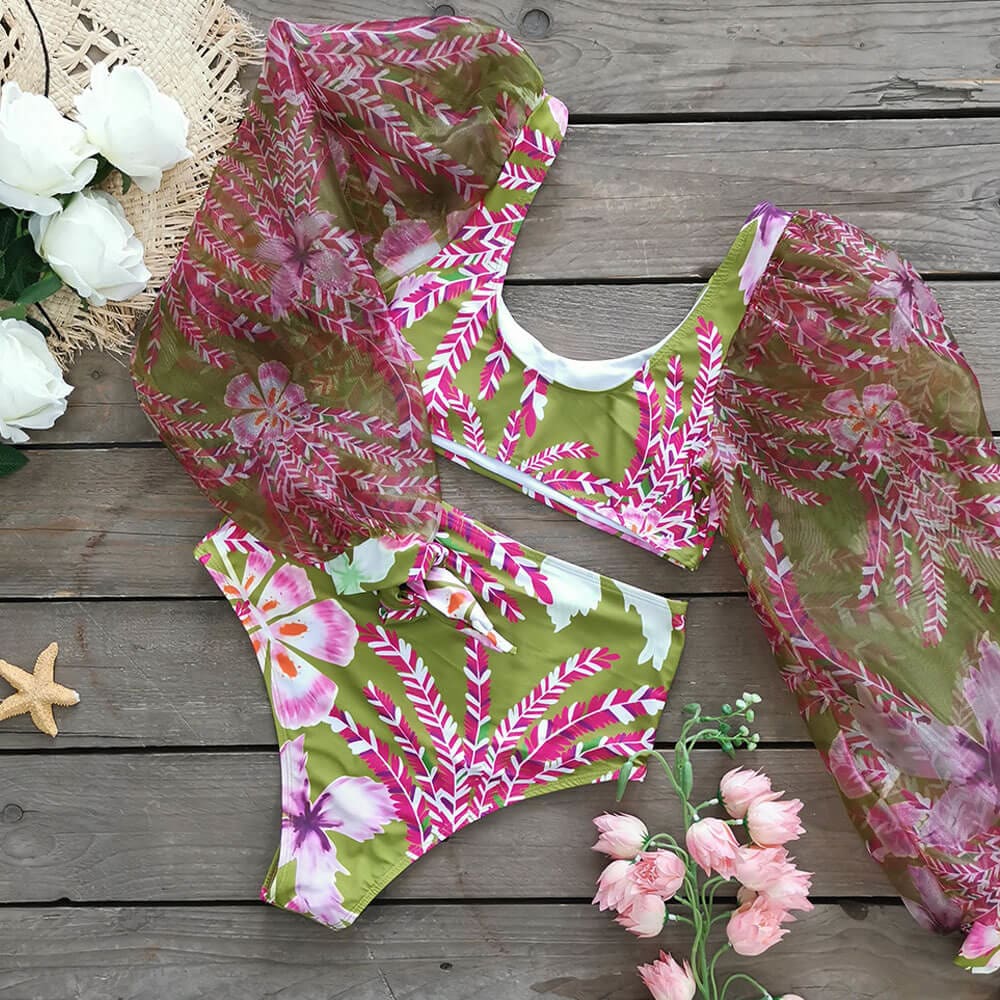 Tropical Floral puff Sleeve High Waist Bikini Swimsuit - On sale