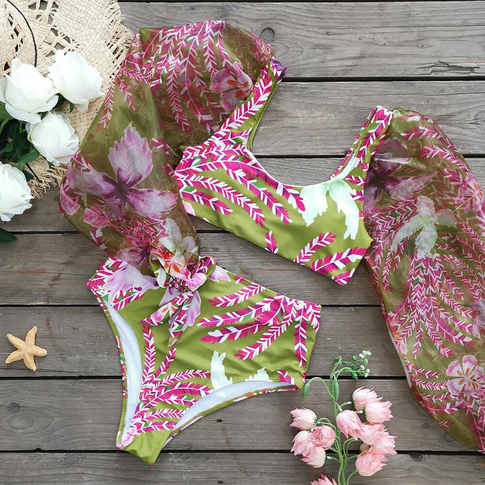 Tropical Floral puff Sleeve High Waist Bikini Swimsuit - On sale