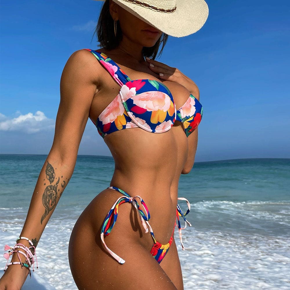 Tropical Floral Tie String Underwire Bikini Swimsuit - On sale