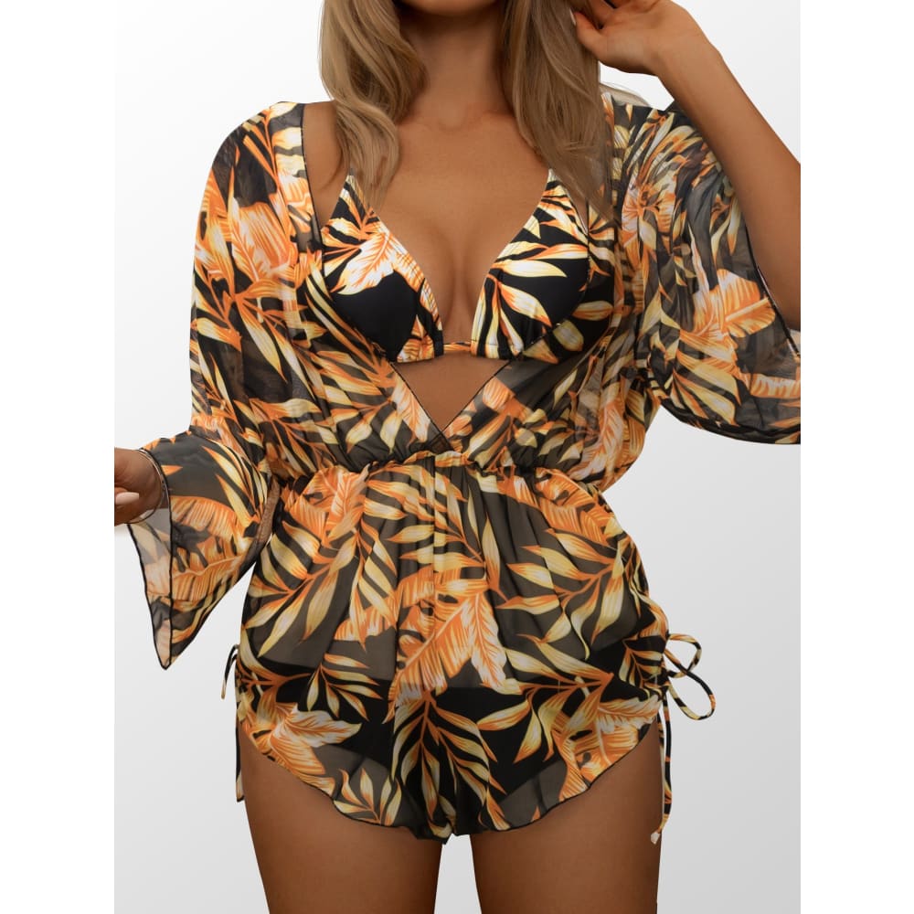 Tropical Halter Drawstring Side Three Pieces Bikini Swimsuit - On sale