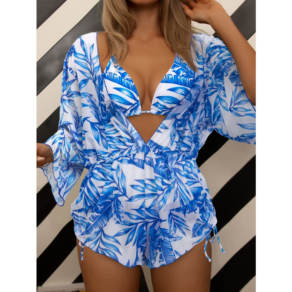 Tropical Halter Drawstring Side Three Pieces Bikini Swimsuit - On sale