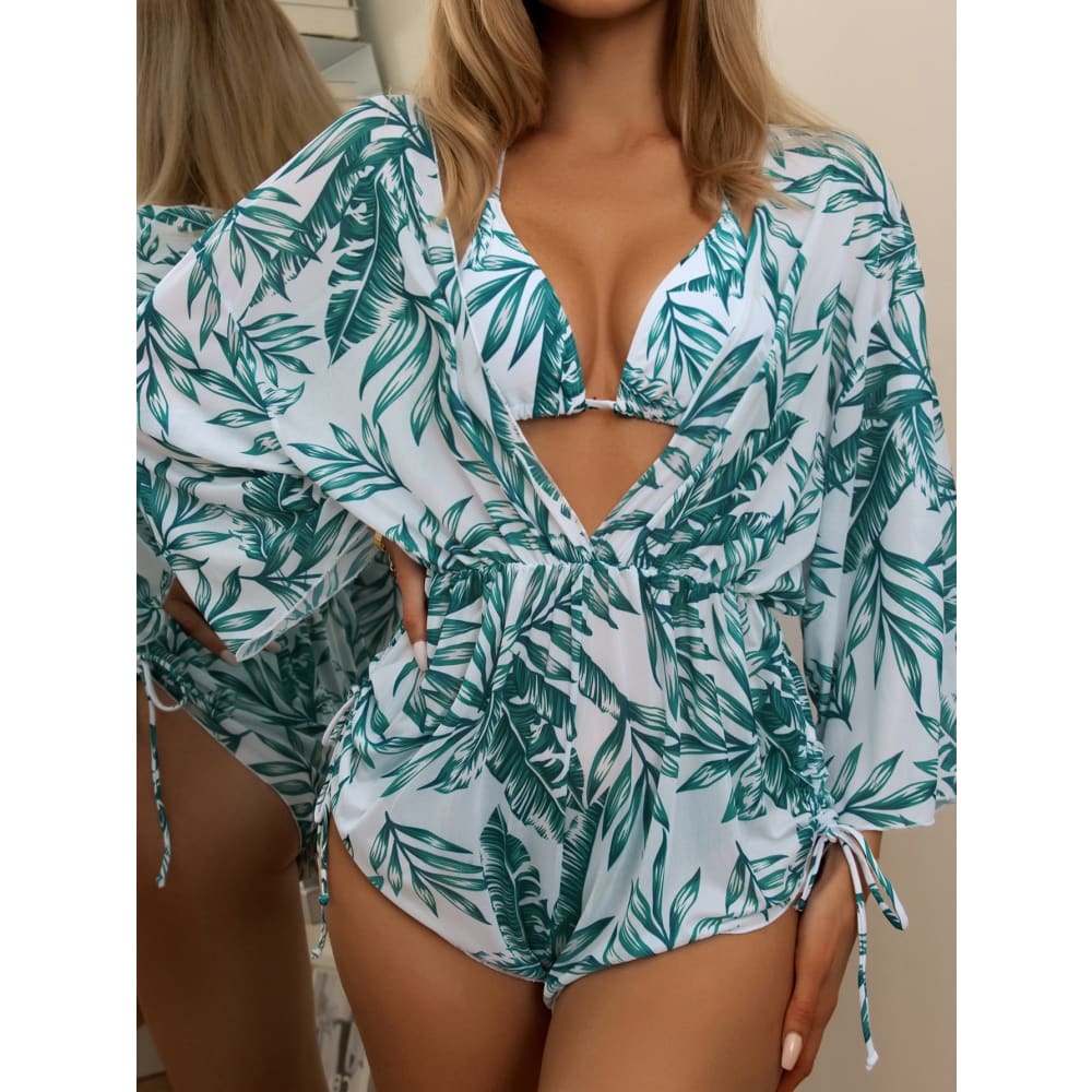 Tropical Halter Drawstring Side Three Pieces Bikini Swimsuit - On sale