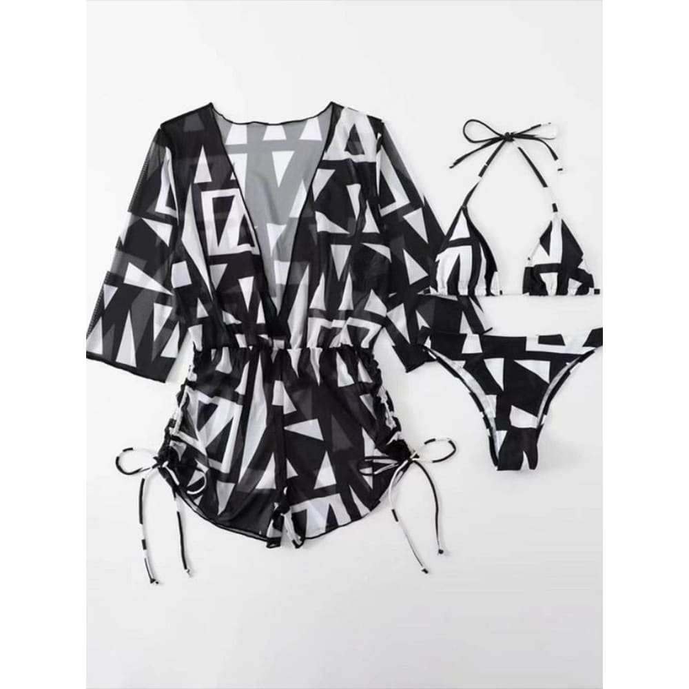Tropical Halter Drawstring Side Three Pieces Bikini Swimsuit - Black / S On sale