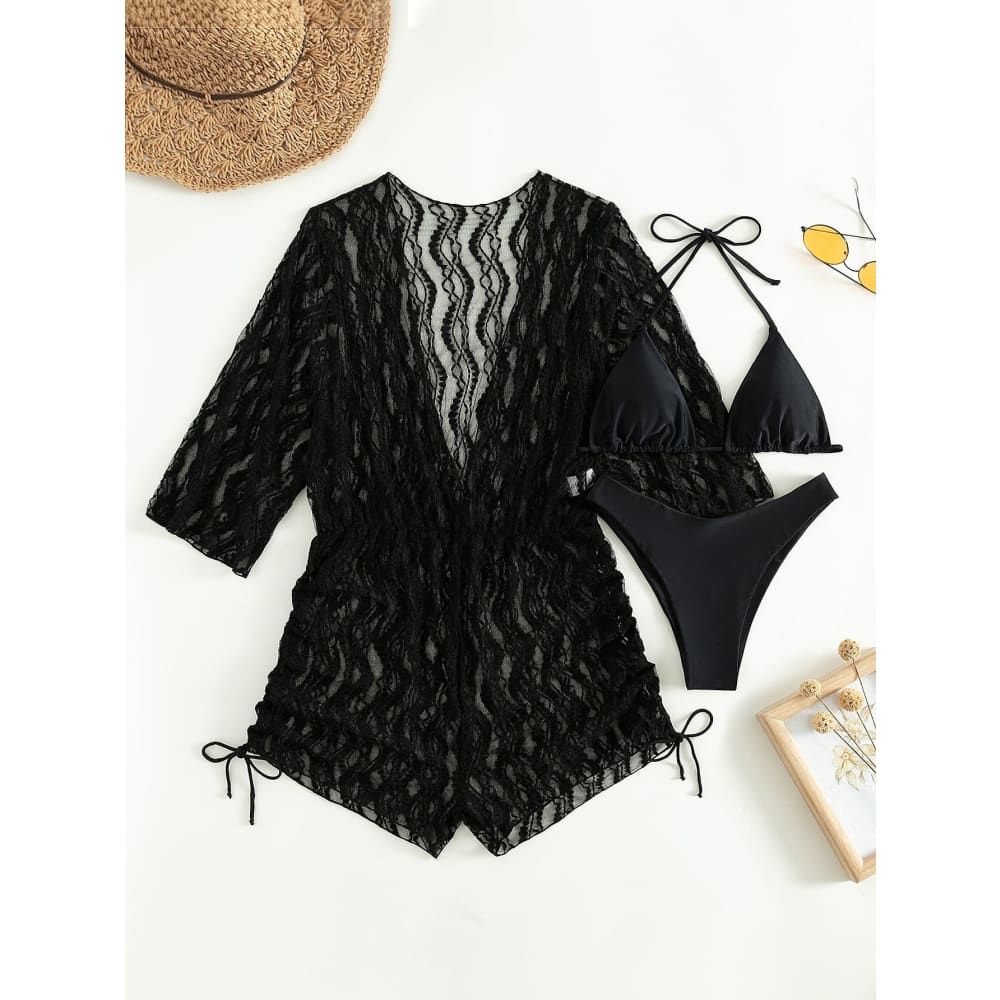 Tropical Halter Drawstring Side Three Pieces Bikini Swimsuit - Black2 / S On sale