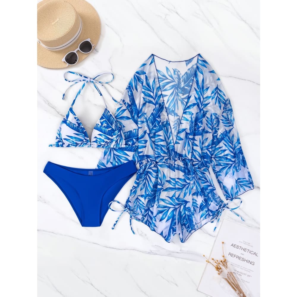 Tropical Halter Drawstring Side Three Pieces Bikini Swimsuit - Blue / S On sale