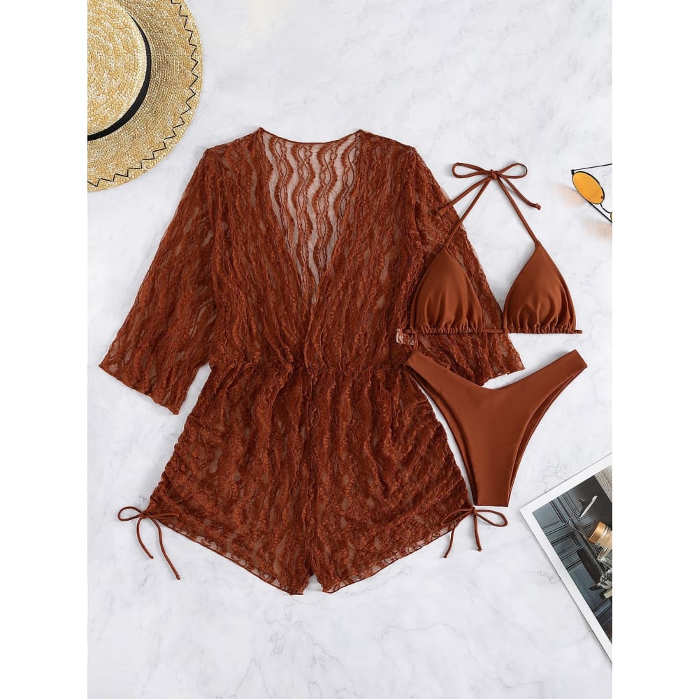 Tropical Halter Drawstring Side Three Pieces Bikini Swimsuit - Brown / S On sale