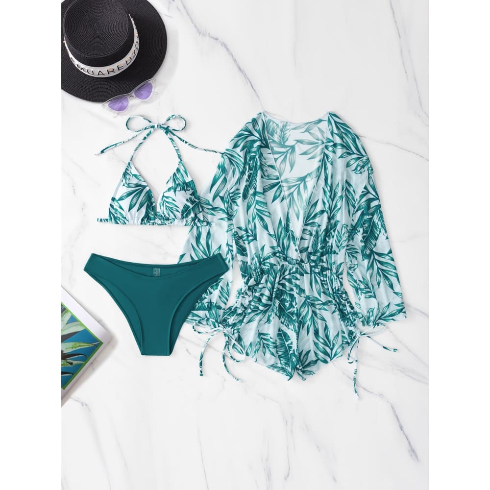 Tropical Halter Drawstring Side Three Pieces Bikini Swimsuit - Green / S On sale