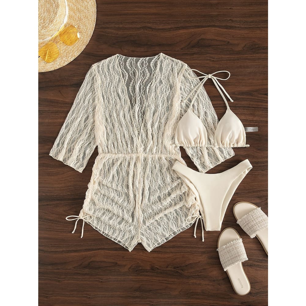 Tropical Halter Drawstring Side Three Pieces Bikini Swimsuit - Mis / S On sale