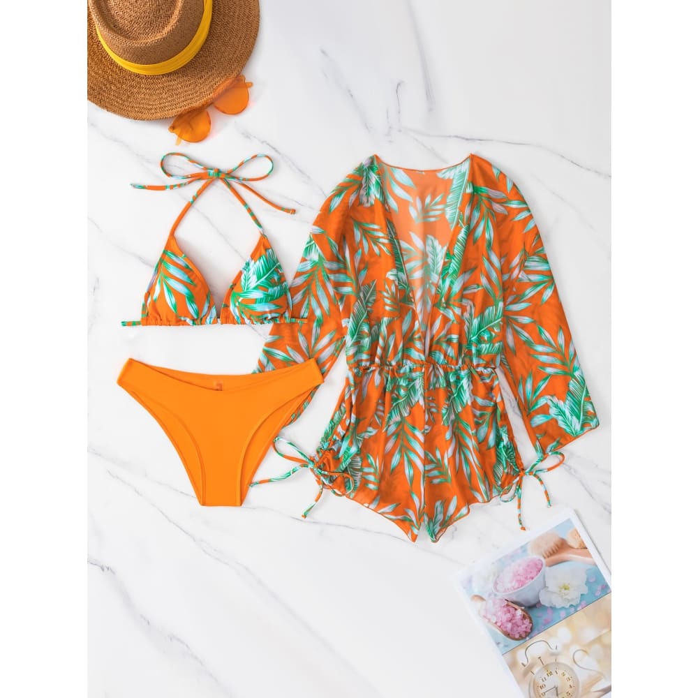 Tropical Halter Drawstring Side Three Pieces Bikini Swimsuit - Orange / S On sale