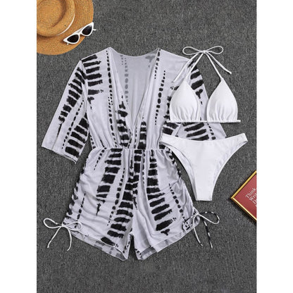 Tropical Halter Drawstring Side Three Pieces Bikini Swimsuit - White / S On sale