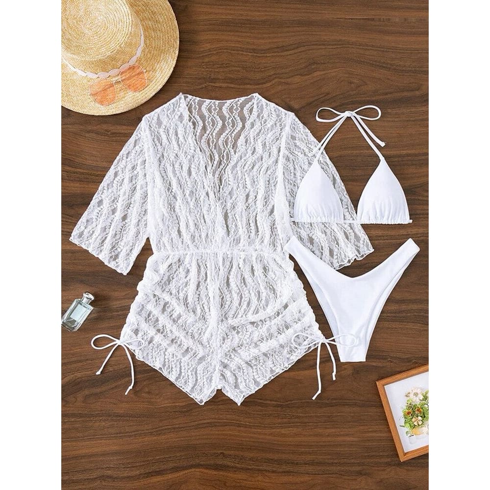 Tropical Halter Drawstring Side Three Pieces Bikini Swimsuit - White1 / S On sale